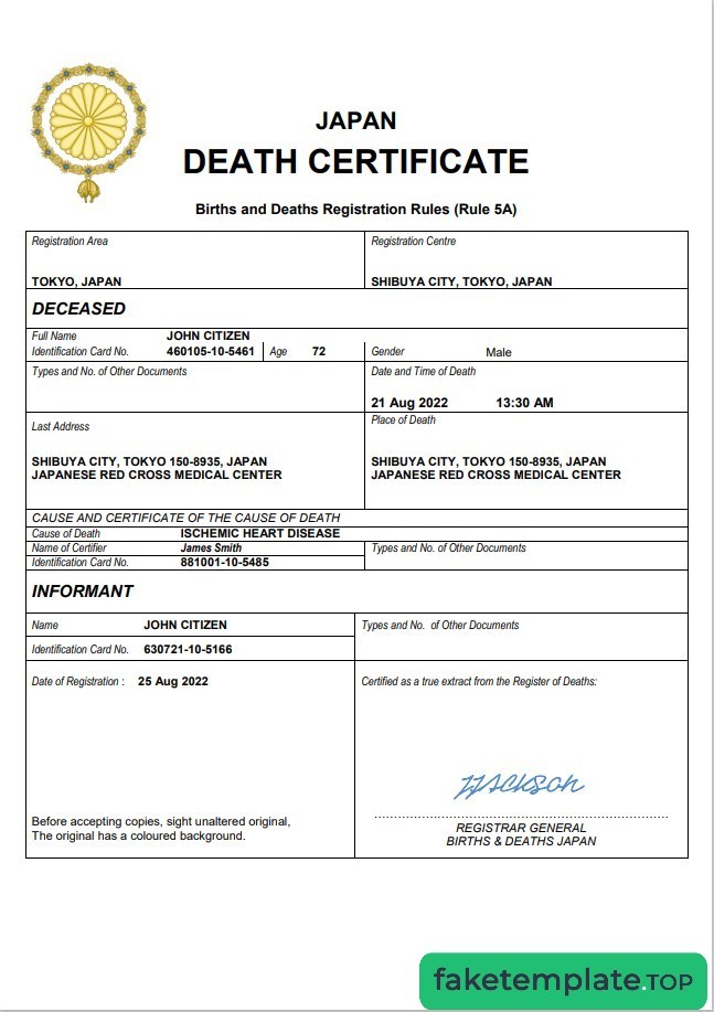 Feature of fake Japan death certificate example template